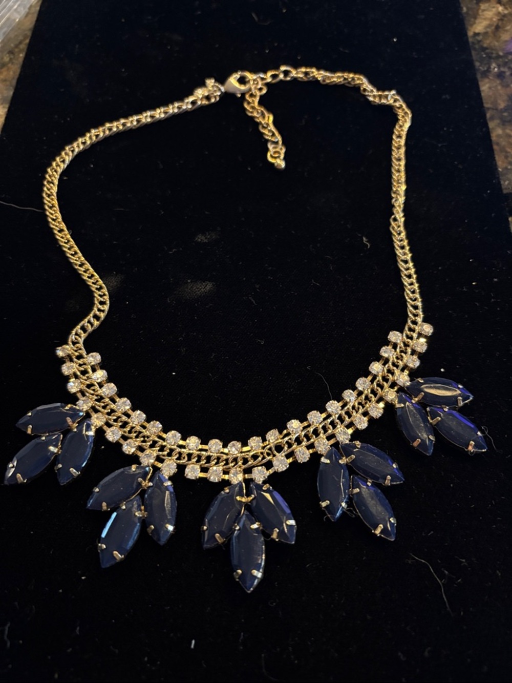 J. Crew Gold Necklace with Navy Marquise Crystals